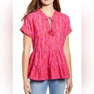 Vineyard Vines Painted Palm Tiered Top Vibrant Pink Patterned Blouse Sz M